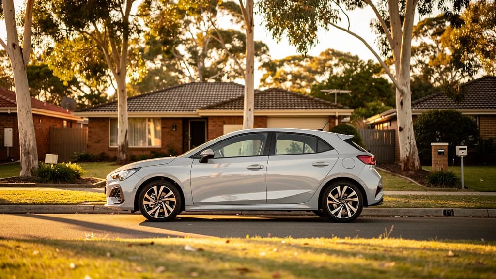 Silver hatchback parked on a quiet suburban street in Newcastle, Australia, surrounded by gum trees at golden hour.