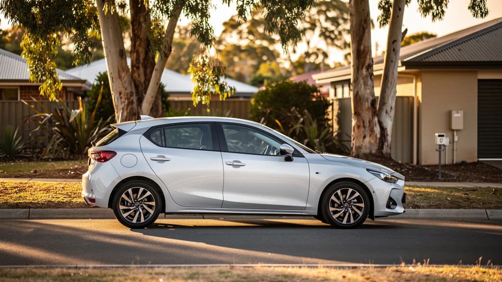 Silver hatchback parked on a quiet suburban street in Penrith, surrounded by gum trees and residential homes at golden hour.
