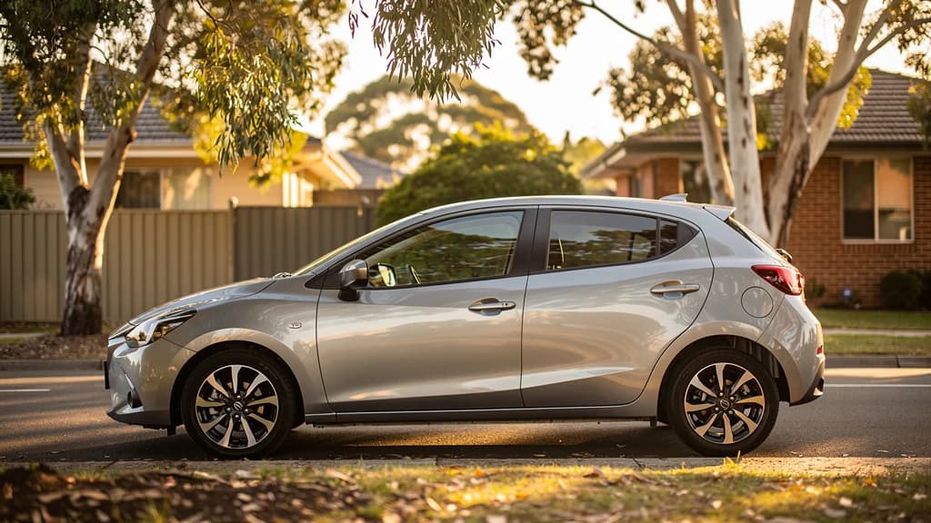 Silver hatchback parked on a quiet suburban street lined with gum trees in Ipswich, Queensland.