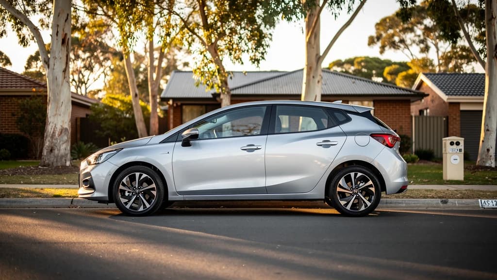 Silver hatchback parked on a quiet suburban street lined with gum trees in Australia.