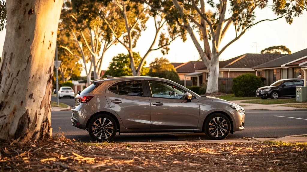 Silver hatchback parked on a quiet suburban street lined with gum trees at golden hour in Elizabeth, SA.