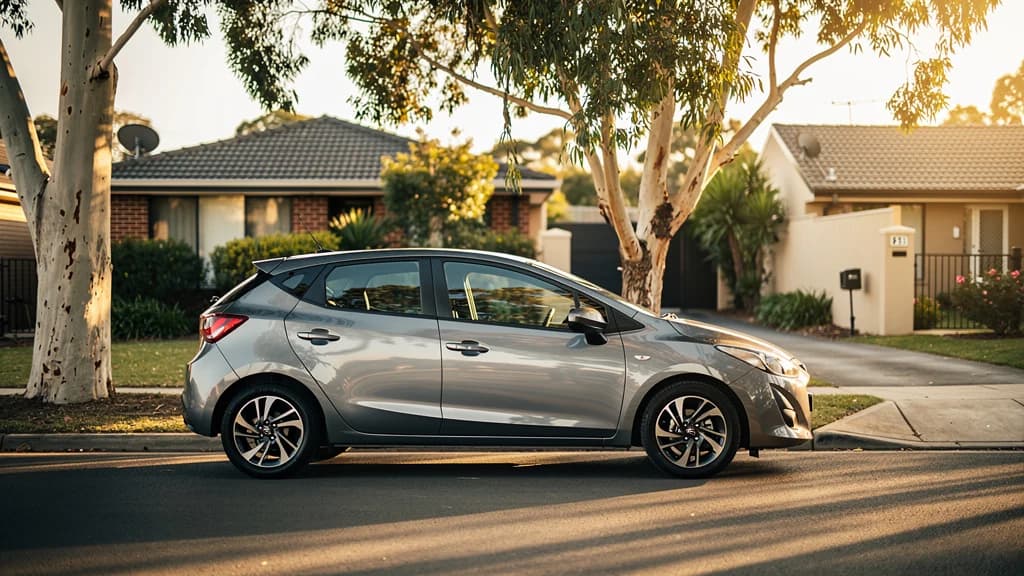 Silver hatchback parked on a quiet suburban street lined with gum trees in Hornsby, NSW.