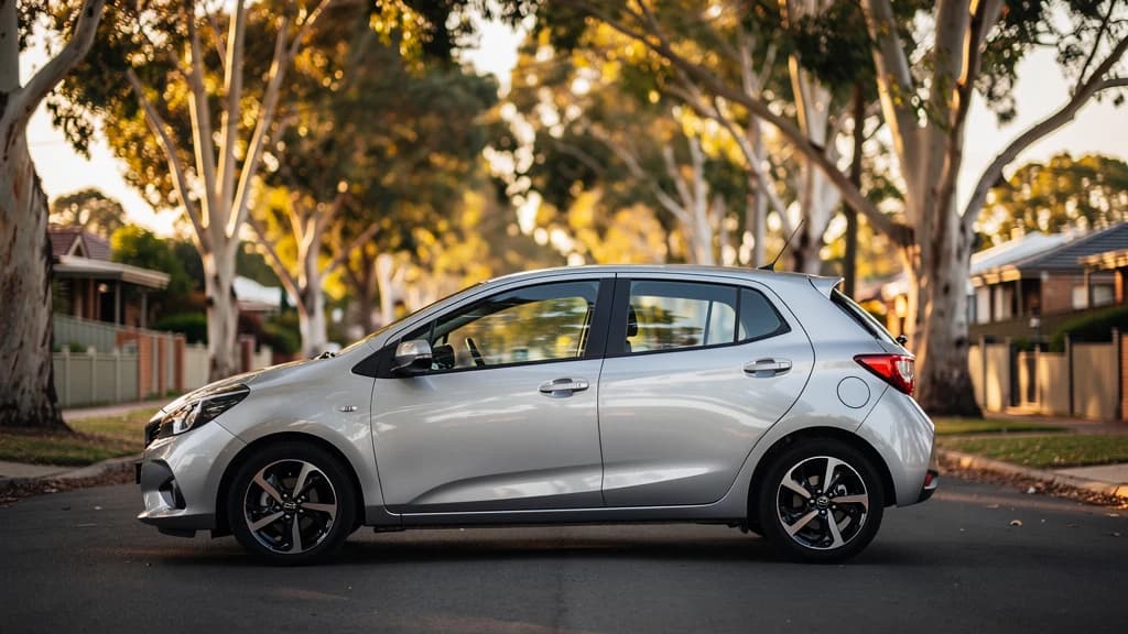 Silver hatchback parked on a quiet tree-lined residential street in Hurstville, Sydney, used for manual driving lessons.