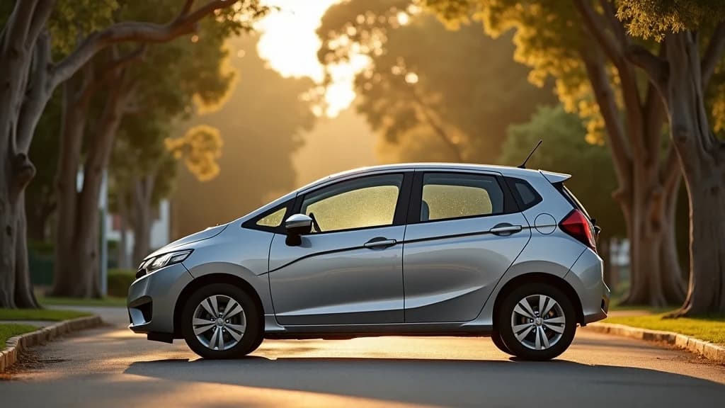 Silver hatchback parked on a quiet tree-lined suburban street in Sydney at golden hour.