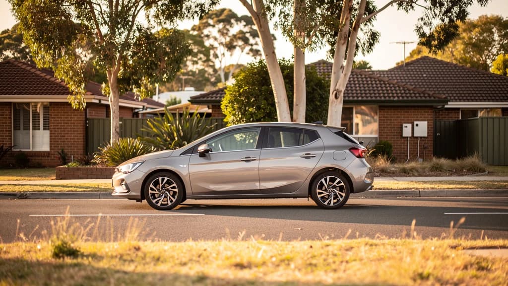 Silver manual hatchback parked on a quiet suburban street in Elizabeth SA, surrounded by brick homes and eucalyptus trees.