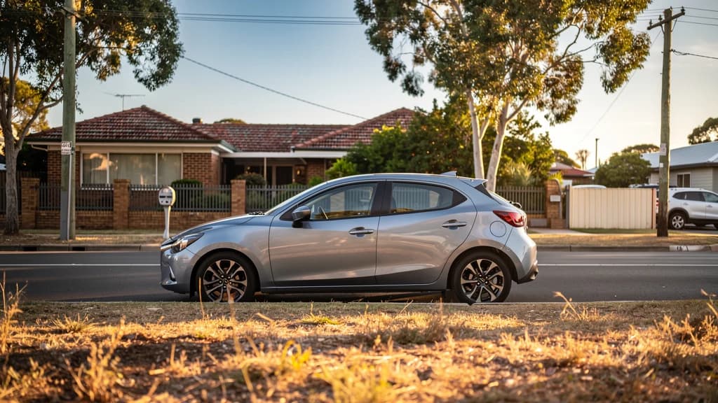 Silver Mazda 2 hatchback parked on a quiet residential street in Rockingham, Western Australia, at golden hour.
