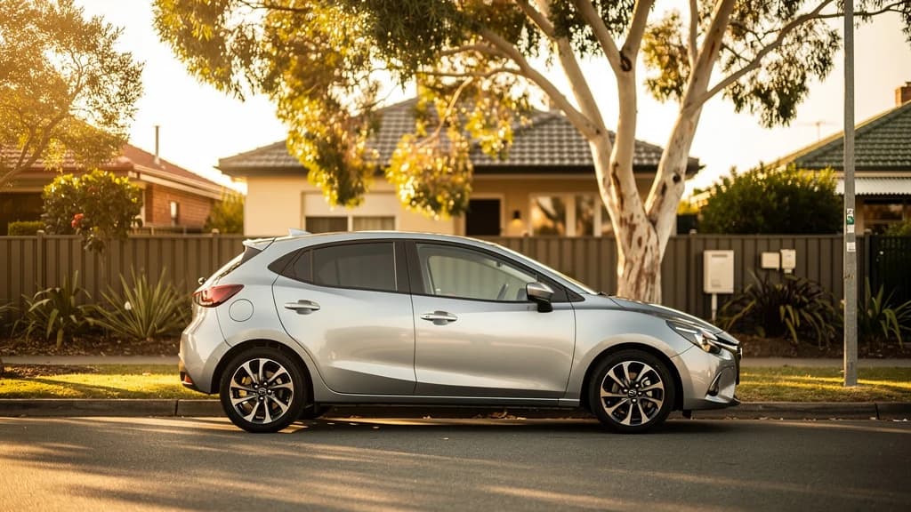 Silver Mazda 2 hatchback parked on a quiet suburban street in Bankstown, Australia, at golden hour.