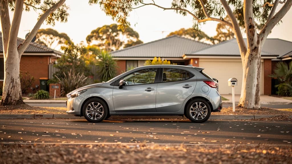 Silver Mazda 2 hatchback parked on a quiet suburban street in Campbelltown, surrounded by gum trees at golden hour.