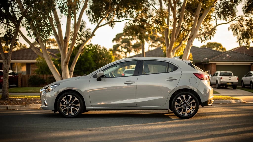 Silver Mazda 2 hatchback parked on a quiet suburban street in Chatswood, NSW, used for manual driving lessons.