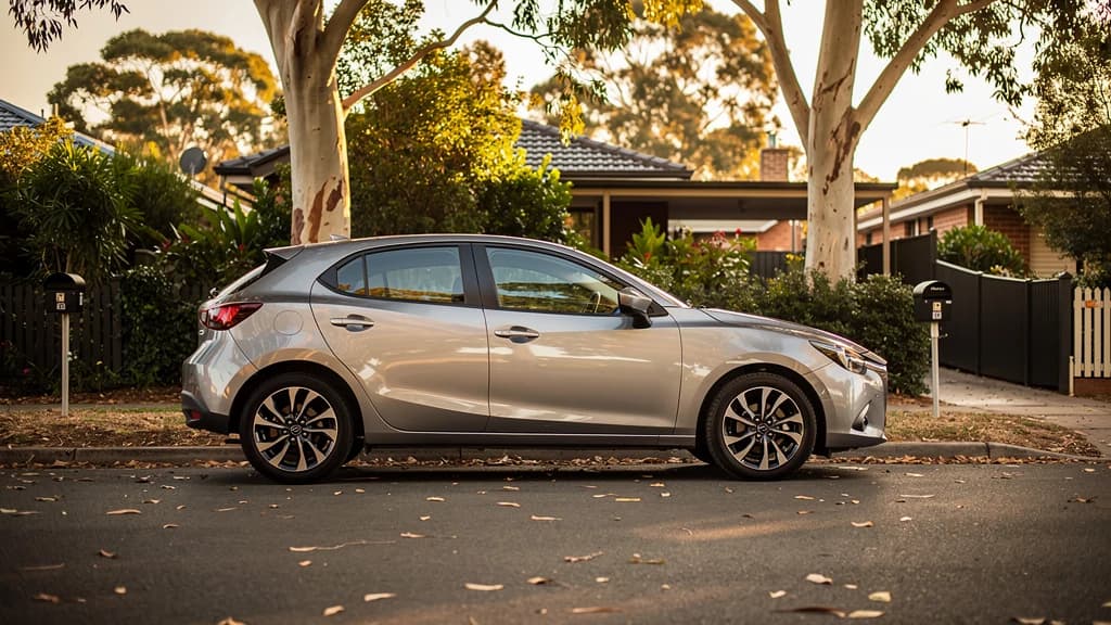 Silver Mazda 2 hatchback parked on a quiet suburban street in Australia, surrounded by gum trees and brick homes.