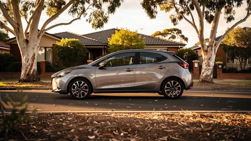 Silver Mazda hatchback parked on a quiet residential street lined with gum trees in Penrith, NSW.