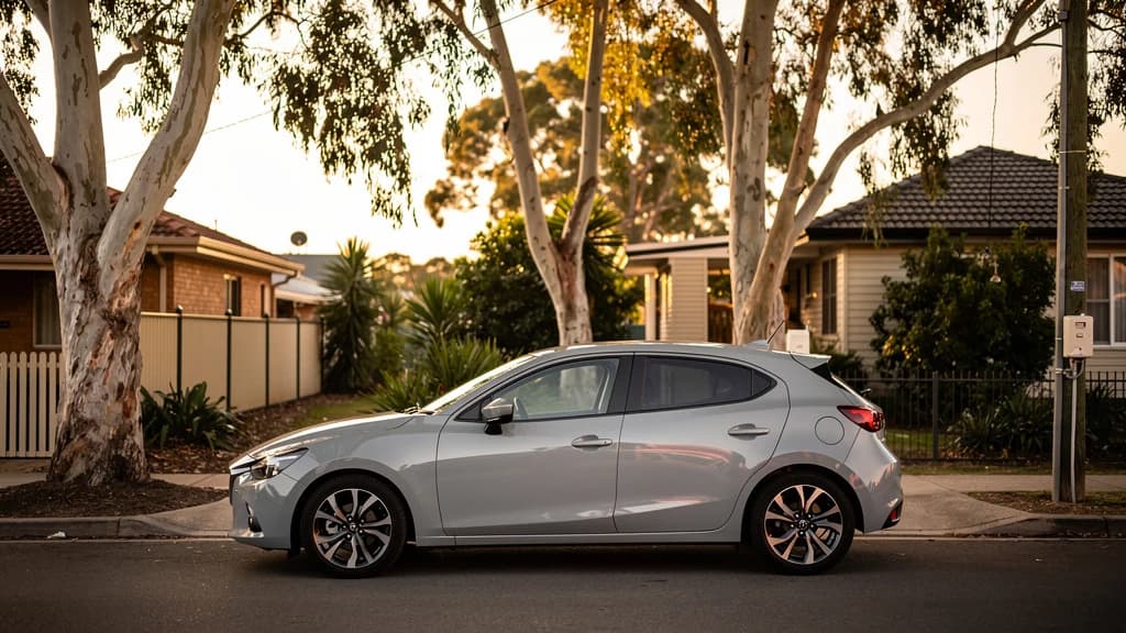 Silver Mazda hatchback parked on a quiet residential street in Salisbury SA at golden hour.