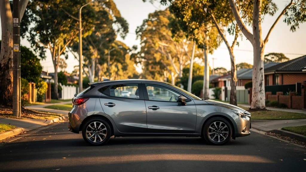 Silver Mazda hatchback parked on a quiet suburban street lined with gum trees in Ryde, Sydney.