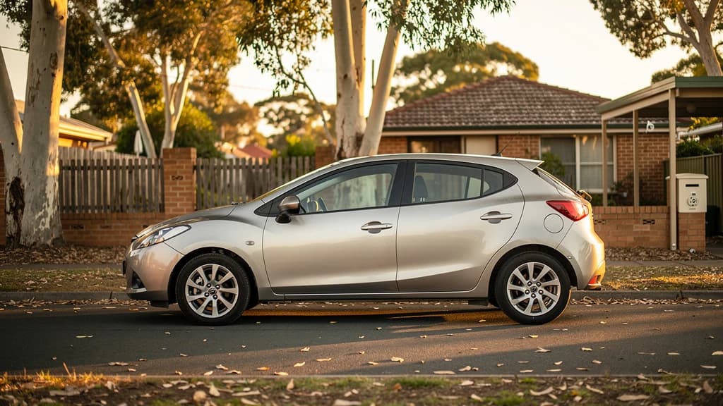 Silver Mazda2 hatchback parked on a quiet residential street in Dandenong, surrounded by eucalyptus trees at sunset.