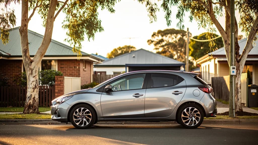 Silver Mazda2 hatchback parked on a quiet suburban street in Toowoomba, Australia, surrounded by gum trees at golden hour.