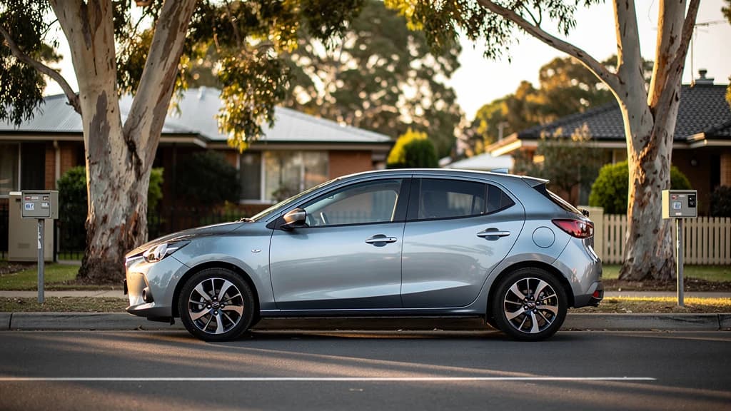 Silver Mazda2 hatchback parked on a quiet suburban street in Bankstown with gum trees and brick homes in the background.
