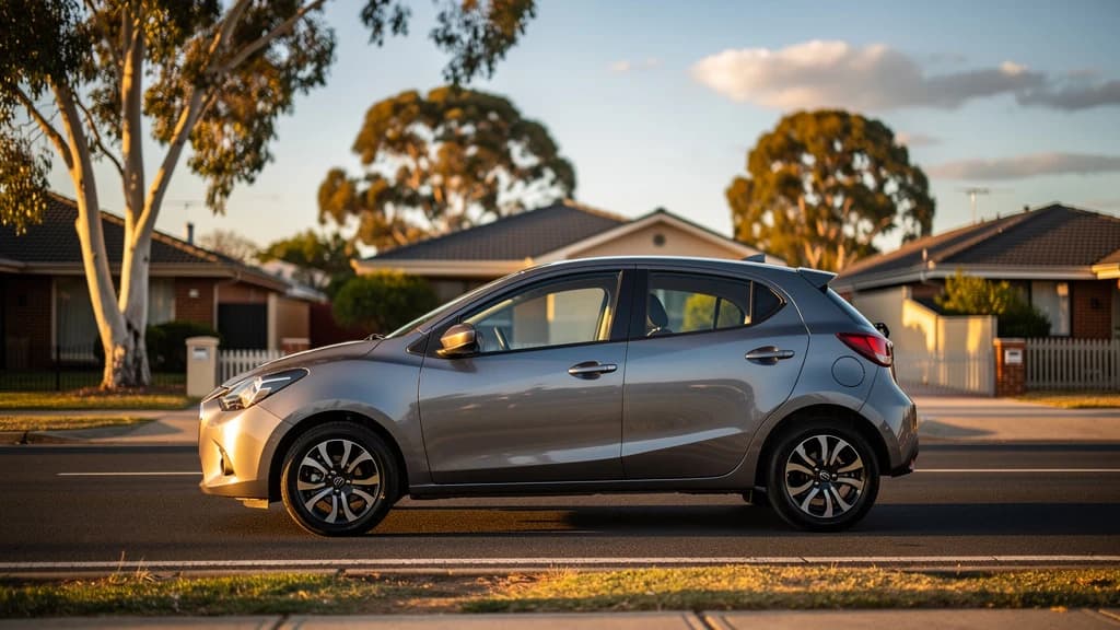 Silver Mazda2 hatchback parked on a quiet suburban street in Sydney, Australia, at golden hour.