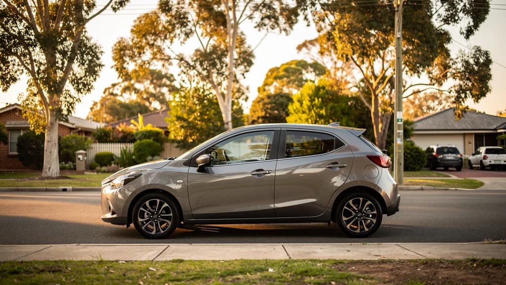 Silver Mazda2 hatchback parked on a quiet suburban street lined with gum trees at golden hour, Australia.