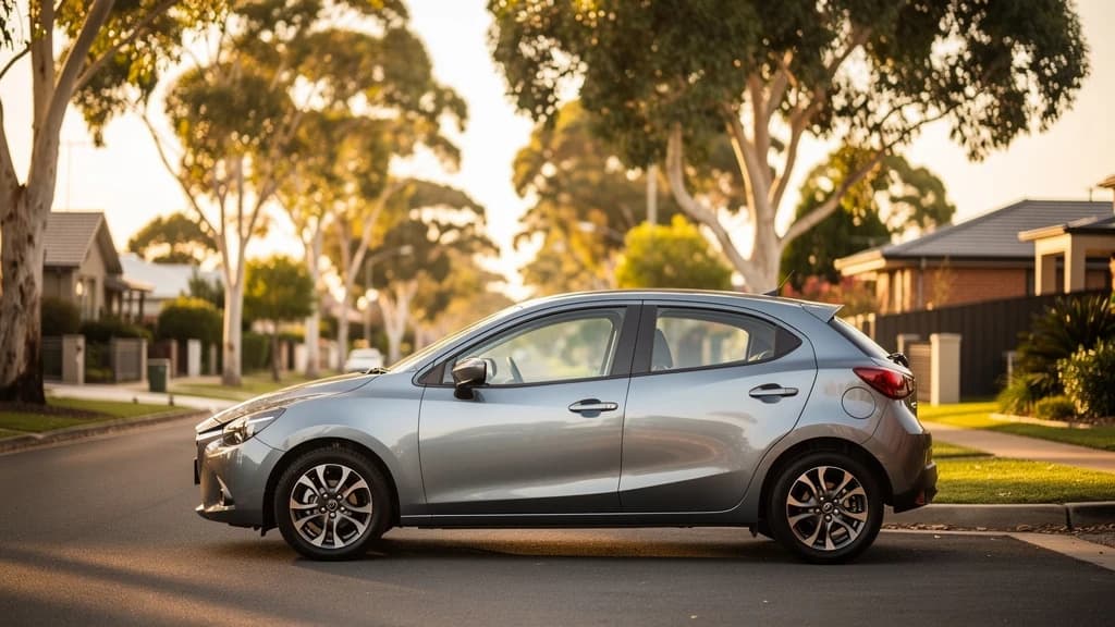 Silver Mazda2 hatchback parked on a quiet suburban street lined with eucalyptus trees in Joondalup, WA.
