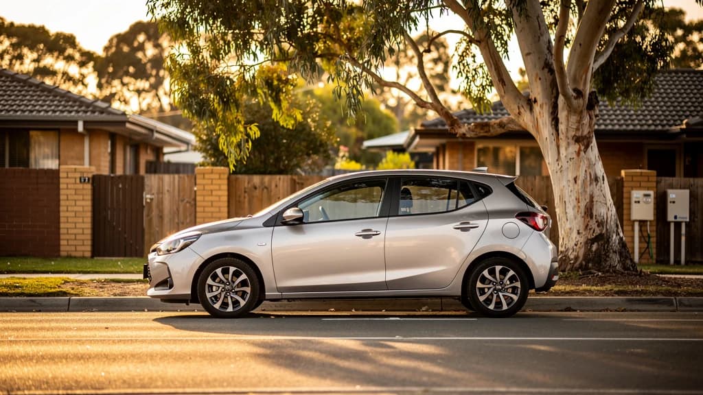 Silver Toyota Yaris hatchback parked on a quiet residential street in Geelong at golden hour.