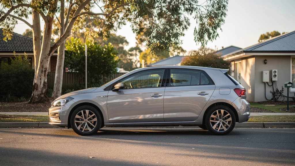Silver VW Golf hatchback parked on a quiet residential street in Melton, Australia, on a sunny afternoon.