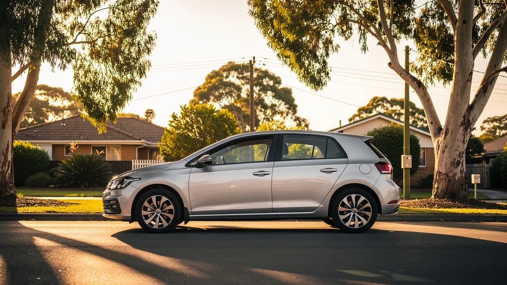 Silver VW Golf hatchback parked on a quiet suburban street lined with gum trees in Caboolture, Queensland.