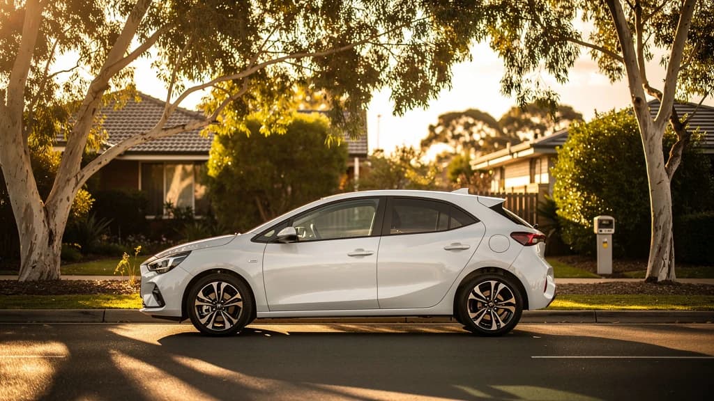 White hatchback parked on a quiet residential street in Marion SA, surrounded by gum trees in warm afternoon light.