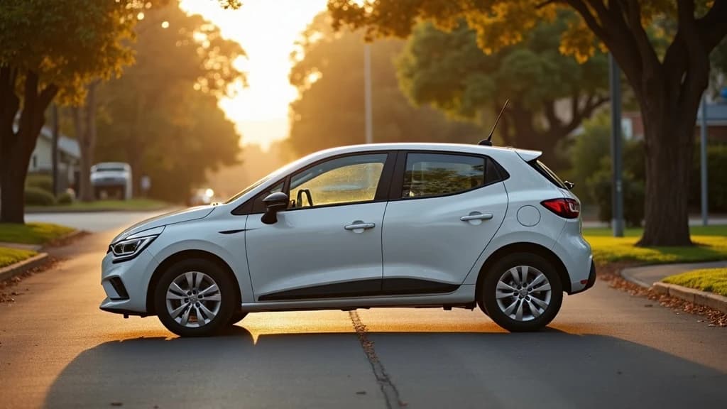 White hatchback parked on a quiet suburban Melbourne street at golden hour, seen from the side.