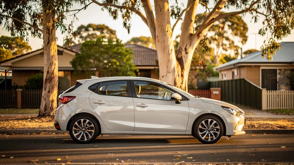 White hatchback parked on a quiet suburban street in Marion SA, surrounded by gum trees in warm afternoon light.