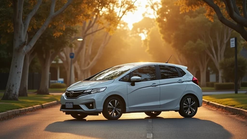 White Honda Jazz hatchback parked on a quiet tree-lined suburban street in Brisbane at golden hour.